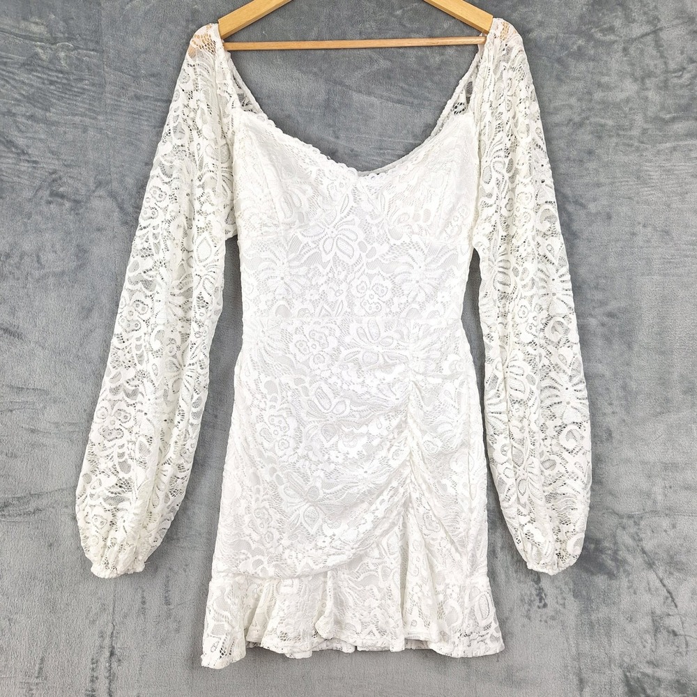 Womens Dress Medium White Romantic Floral Lace Ruffle Mini Bridal Fairy Coquette